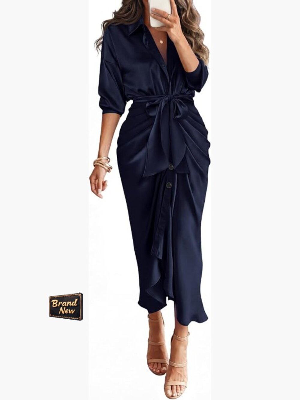 Women's Casual Maxi Shirt Dress Long Sleeve Button Down V-Neck Ruched Tie Waist